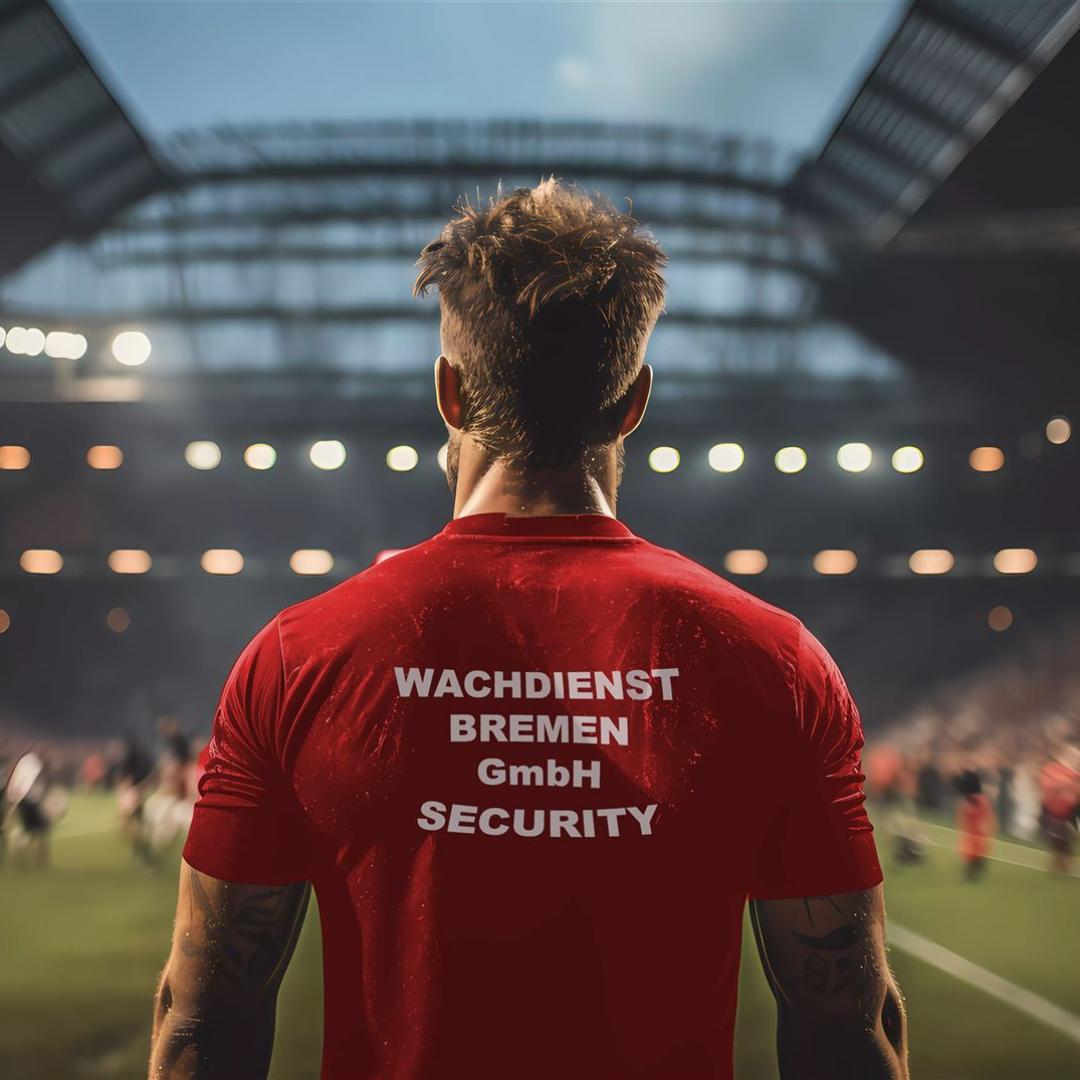 Sicherheitsmann steht vor einem großen Fußballstadion.